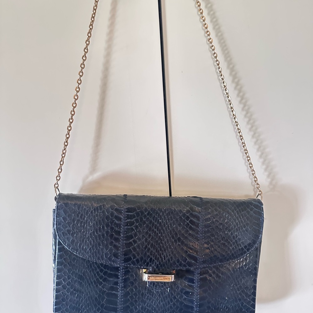 Vintage Python Dark Blue Chain Strap Shoulder Bag - image 1
